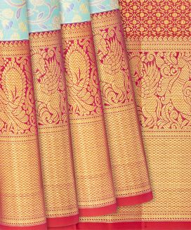 Turquoise Handloom Kanchipuram Silk Saree With Meena Floral Motifs
