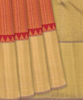 Rust Handloom Kanchipuram Korvai Silk Saree With Meena Stripes
