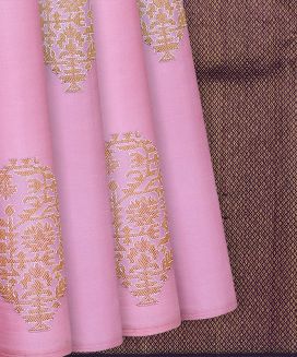 Bubble Gum Pink Handloom Kanchipuram Silk Saree With Mango Buttas
