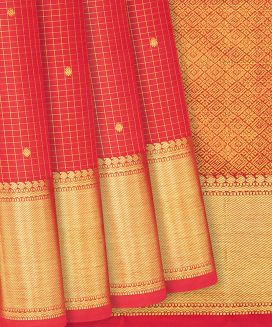 Peach Handloom Kanchipuram Silk Saree With Checks & Buttas
