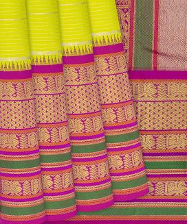 Neon Green Handloom Kanchipuram Korvai Silk Saree With Stripes
