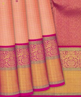 Light Peach Handloom Kanchipuram Korvai Silk Saree With Checks
