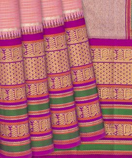 Light Peach Handloom Kanchipuram Korvai Silk Saree With Stripes
