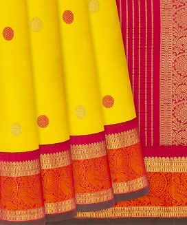 Lemon Yellow Handloom Kanchipuram Korvai Silk Saree With Buttas
