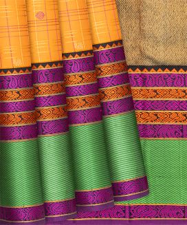 Yellow Handloom Kanchipuram Korvai Silk Saree With Checks & Buttas
