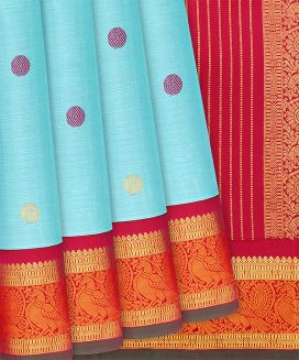Turquoise Handloom Kanchipuram Korvai Silk Saree With Red Border
