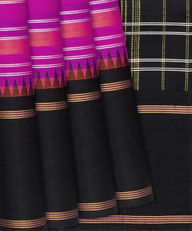 Hot Pink Handloom Kanchipuram Korvai Silk Saree With Stripes

