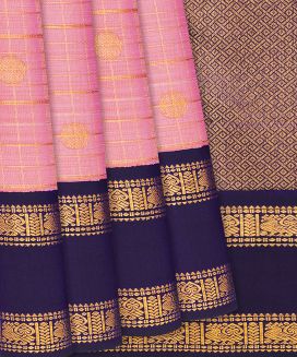 Light Peach Handloom Kanchipuram Korvai Silk Saree With Checks & Buttas
