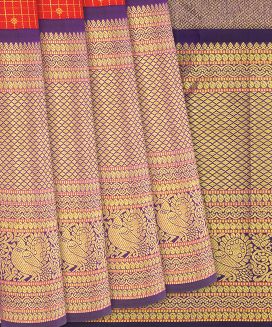 Orange Handloom Kanchipuram Korvai Silk Saree With Checks & Buttas

