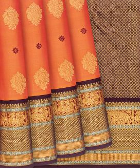 Orange Handloom Kanchipuram Korvai Silk Saree With Buttas
