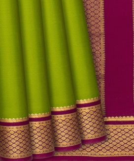 Leafy Green Mysore Plain Crepe Silk Saree With Crimson Border
