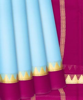 Turquoise Mysore Plain Crepe Silk Saree With Pink Border
