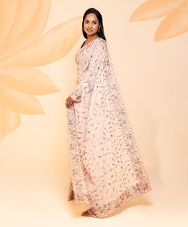 Baby Pink Blended Cotton Saree Embroidered With Meena Motifs
