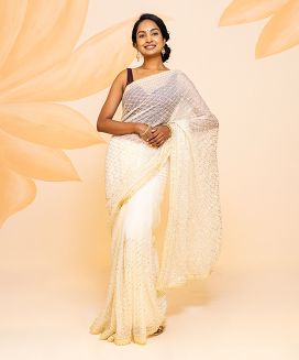 White Blended Cotton Saree Embroidered With Jaal Motifs
