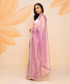 Pink Blended Cotton Saree Embroidered With Mirror Work
