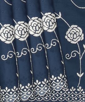 Peacock Blue Woven Viscose Saree With Embroidered Floral Motifs
