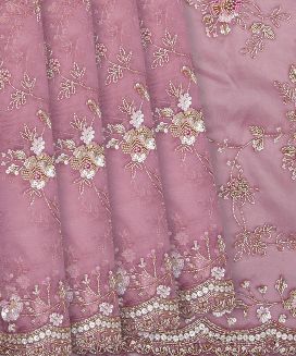 Baby Pink Pure Organza Silk Saree With Embroidered Floral Motifs
