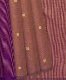 Purple & Camel Handloom Kanchipuram Half & Half Silk Saree With Stripes