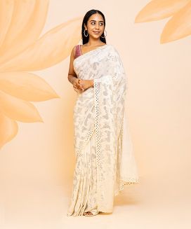 Cream Blended Cotton Saree Embroidered With Sequin Motifs
