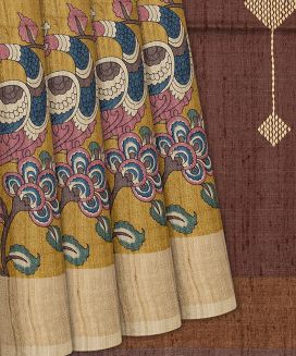 Mustard Handloom Tussar Silk Saree With Printed Peacock Motifs
