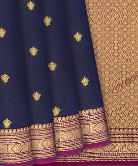 Navy Blue Kanchipuram Silk Saree With Floral Butta
