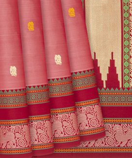 Chestnut Pink Handloom Kanchipuram Silk Saree With Elephant Motifs
