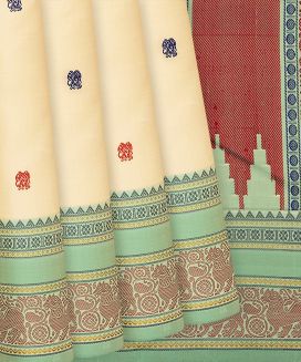 Cream Handloom Kanchipuram Silk Saree With Elephant Buttas
