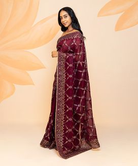 Burgundy Blended Cotton Saree Embroidered Floral Jaal Motifs
