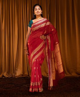 Crimson Handloom Silk Cotton Saree With Parrot Buttas
