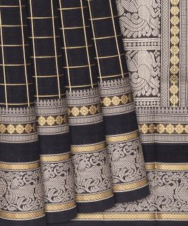 Black Handloom Silk Cotton Saree With Zari Checks
