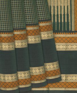 Dark Green Handloom Silk Cotton Saree With Zari Checks
