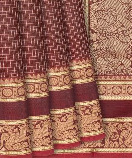 Brown Handloom Silk Cotton Saree With Zari Checks
