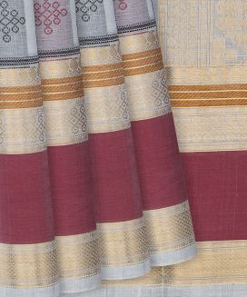 Grey Handloom Silk Cotton Saree With Buttas & Checks
