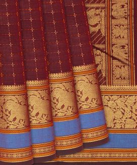 Crimson Handloom Kanchi Cotton Saree With Checks And Animal Motifs
