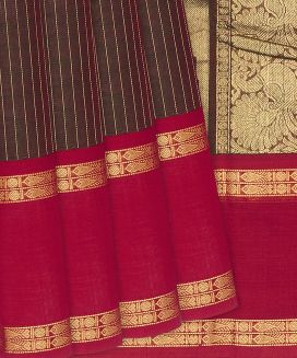 Brown Handloom Kanchi Cotton Saree With Stripes And Annam Motifs
