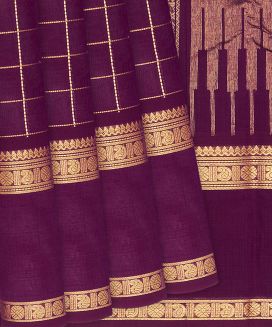 Purple Handloom Kanchi Cotton Saree With Kamalam Butta And Checks
