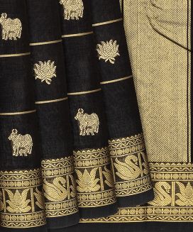 Black Handloom Kanchi Cotton Saree With Animal Butta And Checks

