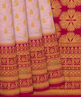 Bubble-gum Pink Woven Blended Dupion Saree With Floral Motifs
