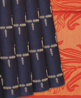 Midnight Blue Handloom Soft Silk Saree With Triangle Motifs
