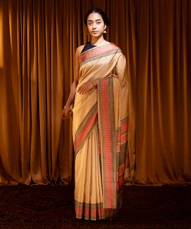 Cream Handloom Soft Silk Saree With Stripes

