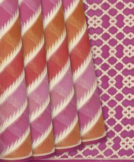 Pink Handwoven Banarasi Rangkat Organza  Silk Saree With Diagonal Stripes-Pink