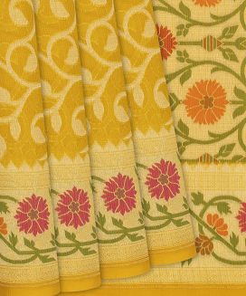 Mustard Handwoven Kora Silk Saree With Floral Motifs
