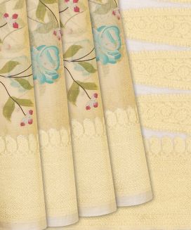 Cream Handwoven Banarasi Organza Silk Saree With Printed Motifs-Cream