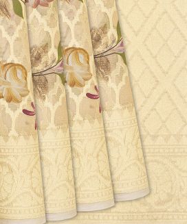 Cream Handwoven Banarasi Kora Silk Saree With Printed Motifs
