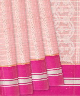 Peach Handloom Kora Silk Saree With Stripes & Buttas
