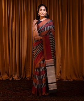 Brown & Black Handloom Soft Silk Saree With Stripes
