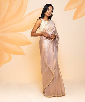 Dusty Pink Blended Tissue Saree Embroidered Floral Motifs
