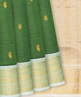 Dark Green Handloom Silk Cotton Saree With Stripes & Buttas
