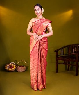 Red Handloom Kanchipuram Silk Saree With Floral Vine Motifs
