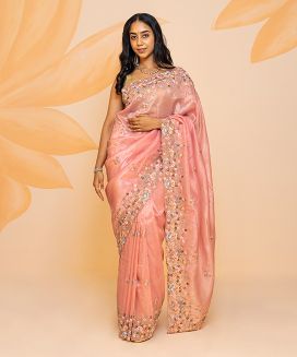 Light Peach Blended Cotton Saree Embroidered Floral Motifs
